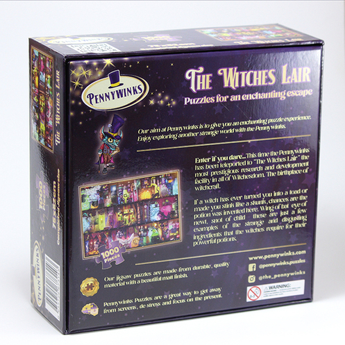 The back of our stylish box for 'The Witches Lair'